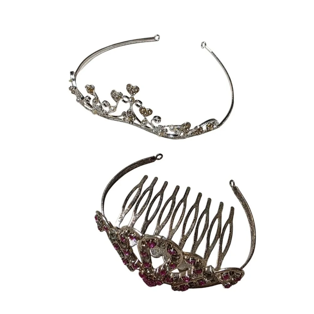 Princess Tiaras Pink Rhinestone Hair Comb and Heart Pearl Headband set of 2 H3